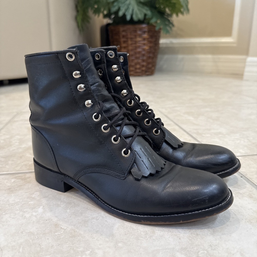 Justin Boots Black Kiltie Roper Mens Sz 5.5 D Woman 7.5 Leather Lace Up Western